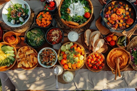 Table set for a garden party featuring a variety of fresh vegetarian dishes, salads, bread, and dips, suggesting a healthy and delicious catering service
