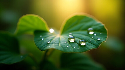 Macro Shot of Green Leaf with Dew Drops in Natural Light – Serene and Fresh
