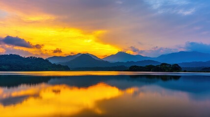 Fototapeta premium Serene sunset over tranquil lake reflecting mountains and colorful sky, peaceful ambiance