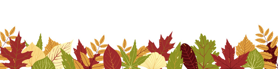 Autumn Leaves Border. Fall Leaves Rectangle Banner. Botanical Vector Flat Illustrations 