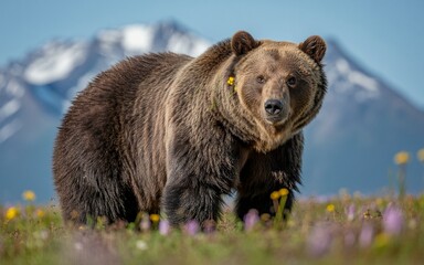 Fototapeta premium Majestic Grizzly Bear in a Field of Flowers with Mountain Backdrop