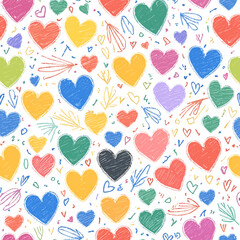 A lively pattern of hand-drawn hearts and doodles in various colors, perfect for romantic or festive designs.