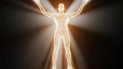 Luminous Human Anatomy 3 D Model Rotating Cinematic Light Rays Spiritual Enlightenment Wellness Healthcare Medical Animation Body Muscles Skeleton Xray Scan Energy Healing Divine - Powered by Adobe
