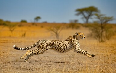 Cheetah in Full Flight Across Golden Savanna