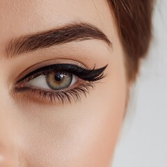 closeup of beautiful young woman trying a bold eyeliner wing for the first time unsure yet playful experimental feel hints of pastel makeup trials around solid white background 