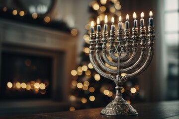Fototapeta premium Christmas Hanukkah. Silver Menorah in Room with Fireplace, Symbol of Hanukkah Celebration