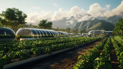 Futuristic agriculture featuring greenhouse structures in a rural landscape