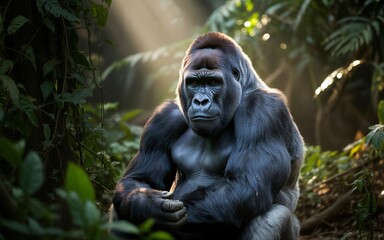 Fototapeta premium Majestic Gorilla in Lush Forest, Bathed in Sunlight, Gazing Intently at Viewer