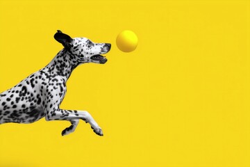 Dalmatian dog jumping to catch yellow ball on vibrant yellow background