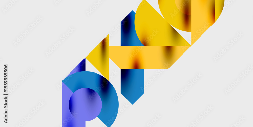 Poster abstract shapes overlap, creating vibrant color blends. yellow, blue, purple hues dominate compositi