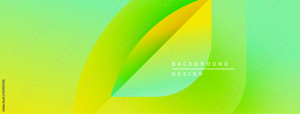Poster Abstract gradient background features overlapping leaf shapes. Vivid green, yellow hues create dynamic visual effect. Modern design element.