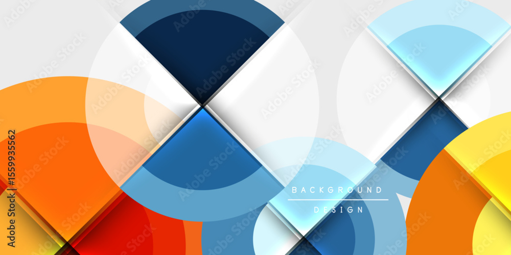 Poster Abstract geometric design. Overlapping circles, squares create dynamic composition. Bright colors contrast dark background. Modern aesthetic.