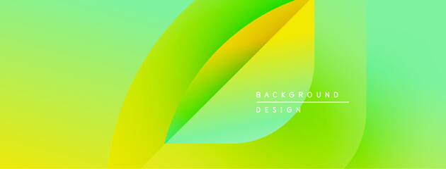 Abstract gradient background features overlapping leaf shapes. Vivid green, yellow hues create dynamic visual effect. Modern design element.