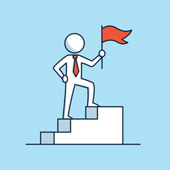 Minimalist stickman businessman standing proudly on stairs with red flag, representing leadership, success, achievement, motivation, and business growth in modern flat design.