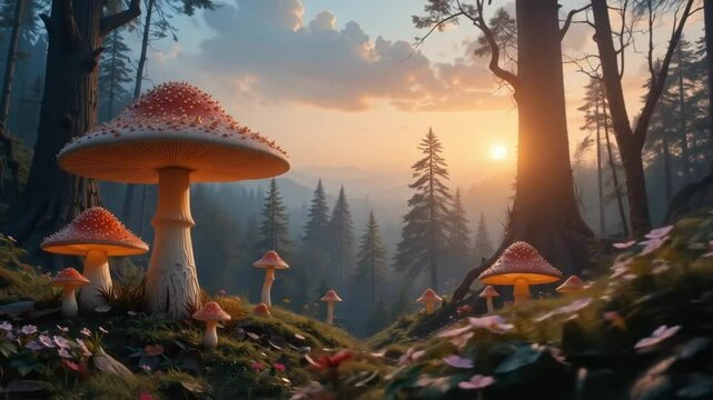 Glowing Mushrooms in Fantasy Forest at Sunset. 4k video