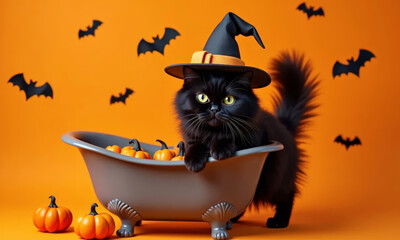 Beautiful black cat with green eyes wearing a witch's hat is going to take a bath with pumpkins on orange background. Happy Halloween Day