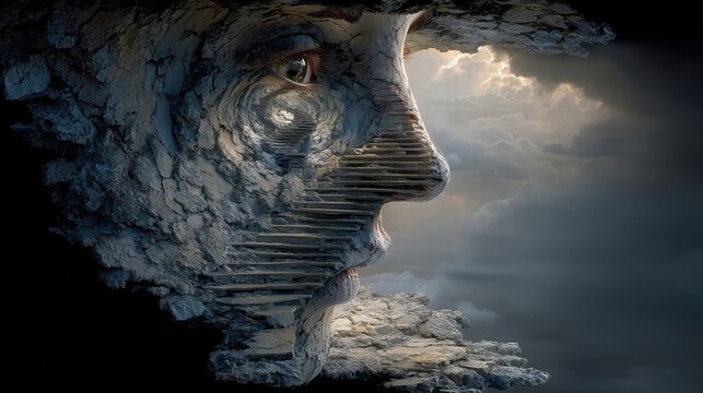 Face split open showcasing a spiral staircase symbolizing recursive thinking in intricate detail