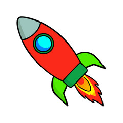 Cartoon red rocket ship with green fins and blue window isolated on transparent background