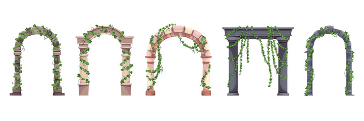 Stone arches with plants. Climbing vines and ivy, medieval and antique gates, overgrown ancient entrances, gothic cathedral brick doorway with leaves, architecture tidy vector isolated set © YummyBuum