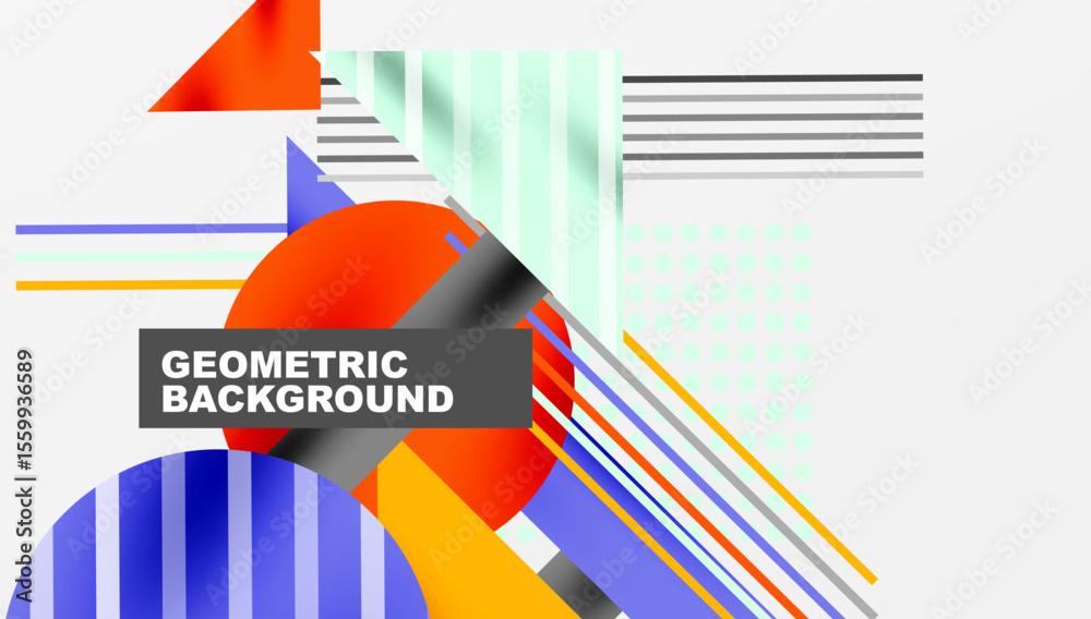 Fototapete Abstract geometric composition. Vivid colors, shapes overlap creating dynamic visual effect. Modern design elements present.