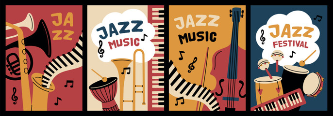 Musical instruments cards. Jazz festival equipment, acoustic, electric tools, live concert flyer, club event announcement, party creative invitation, garish vector cartoon set