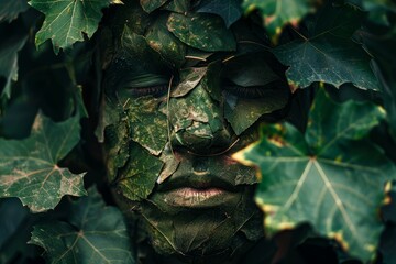 Artistic representation of nature connection, featuring a face camouflaged with green leaves, conveying harmony and environmental awareness