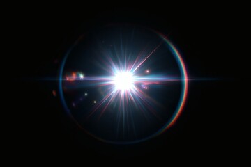 Radiant burst of light with colorful lens flare and circular ring