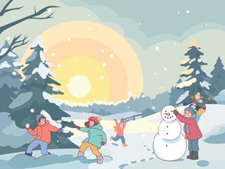 Funny winter outdoor activities. Children enjoying snow in nature, cold season games, snowman modeling together, kids snowballs fight, boy and girl sledding, cartoon isolated vector concept