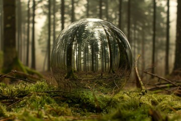 Lens ball reflecting a mysterious misty forest on green mossy ground, creating a dreamy and surreal atmosphere
