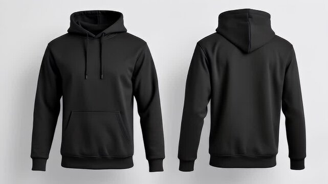 Front and back view of a simple black hoodie on a plain background for fashion and apparel design presentation