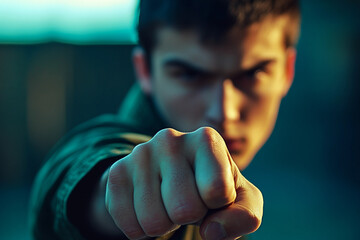 Generative AI image of focused person training for self defense courses through martial arts including boxing and karate