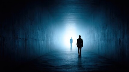 Obraz premium Self reset concept. A mysterious figure walking toward a bright light in a tunnel.