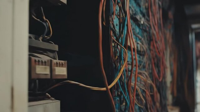 An old, complex telecommunications system, with a focus on the tangled mass of colorful wires connecting the blue electronic panels, suggesting antiquated technology.