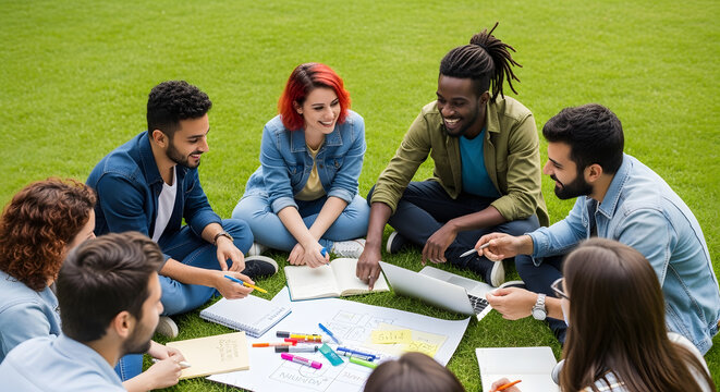A diverse group of happy college students sits on the grass brainstorming a project with a laptop and markers