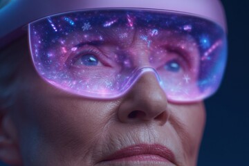 Fototapeta premium Elderly woman experiences virtual reality in a cosmic wonderland of colors