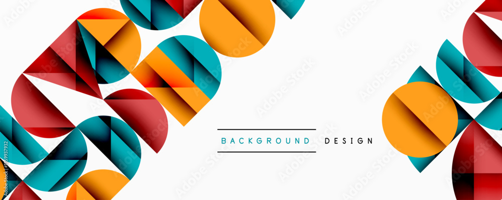 Poster abstract geometric shapes, vibrant colors, modern design. background features layered polygons, circ