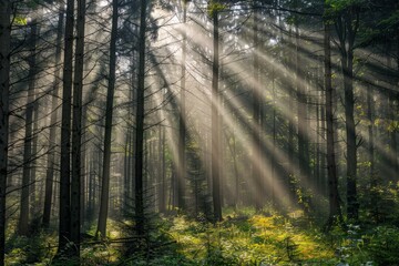 Fototapeta premium Sunbeams are filtering through the morning fog in a majestic forest, creating a magical atmosphere