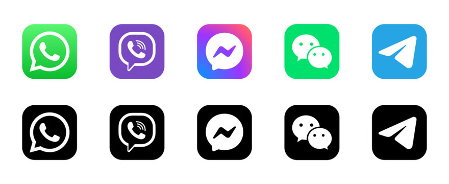 WhatsApp, Viber, Messenger, WeChat, Telegram - Collection of popular social media logo. Social media icons. Realistic set. Vector editorial