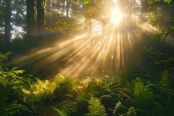 Fototapeta premium Golden sunbeams are filtering through morning fog in a redwood forest, creating a magical atmosphere