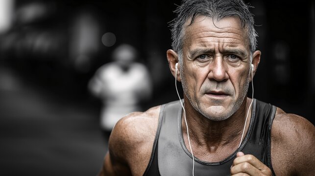 Focused Runner: A determined senior runner with focused expression, engrossed in his training, epitomizes resilience and determination, capturing the raw energy of fitness and active lifestyle.