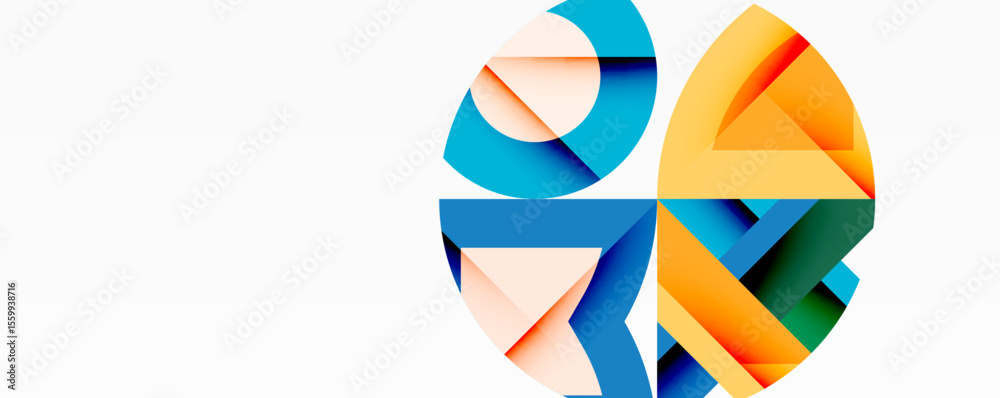 Fototapete Abstract geometric shapes form circular pattern. Bright colors overlap creating dynamic visual effect. Minimalist design, clean background.