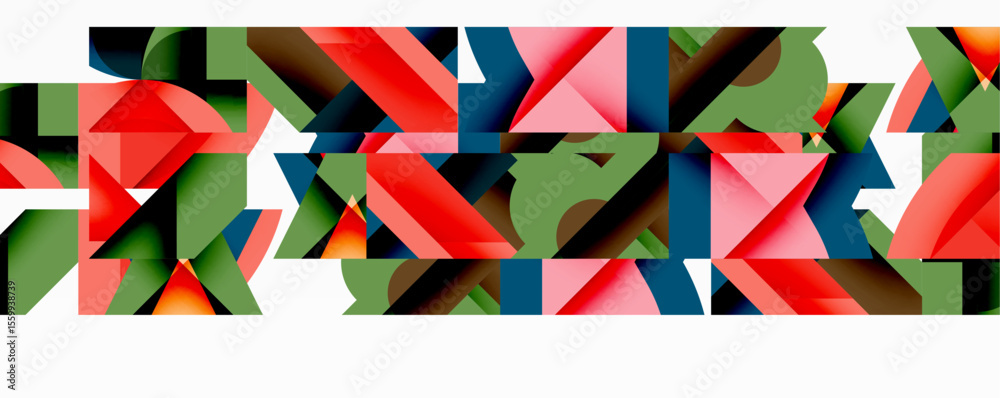 Poster abstract geometric shapes, vibrant colors, composition creates dynamic visual pattern. minimalist de