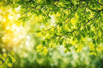 Obraz premium Sunlight filters through vibrant green leaves creating a bright and natural scene