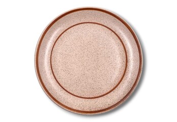 Top view of a ceramic dinner plate with a speckled beige surface, accented by two concentric brown rings and a glossy finish, isolated on white background.