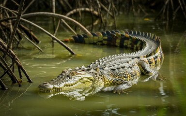 Close-up of a Colorful Crocodile in a Mangrove Swamp