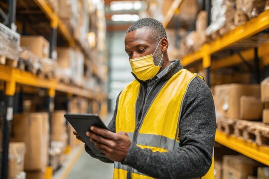 Contractor In Mask. African American and Asian Workers in Warehouse Checking Inventory