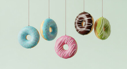 Assorted donuts hanging from strings against a light green background studio shot close up view