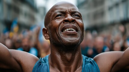 Triumph in the City: The face of a determined runner, capturing his triumphant moment, arms wide as he revels in victory amidst a blurred cheering crowd