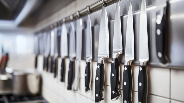 Kitchen knives hung on a rack