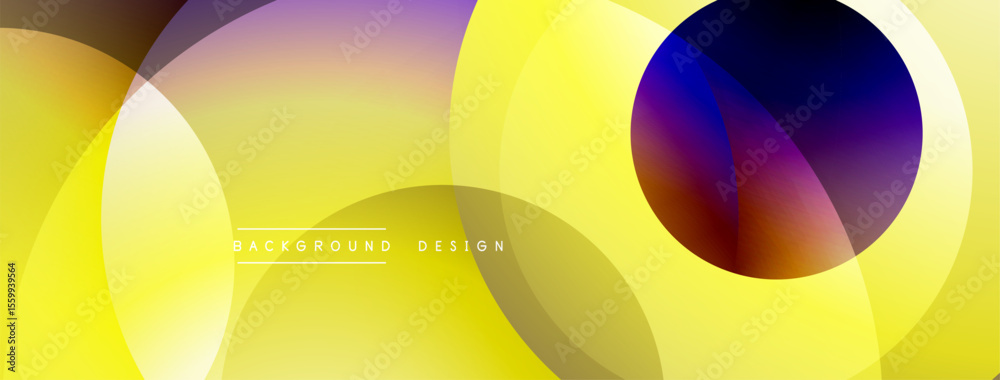 Poster Abstract yellow background features overlapping circles, gradients. Modern design elements create dynamic visual texture. Bright, vibrant colors dominate composition.